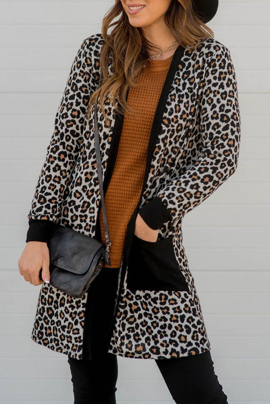 Leopard Patched Pocket Open Front Cardigan