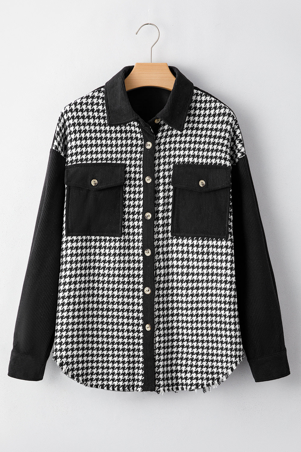 Houndstooth Corduroy Patchwork Flap Pocket Shacket