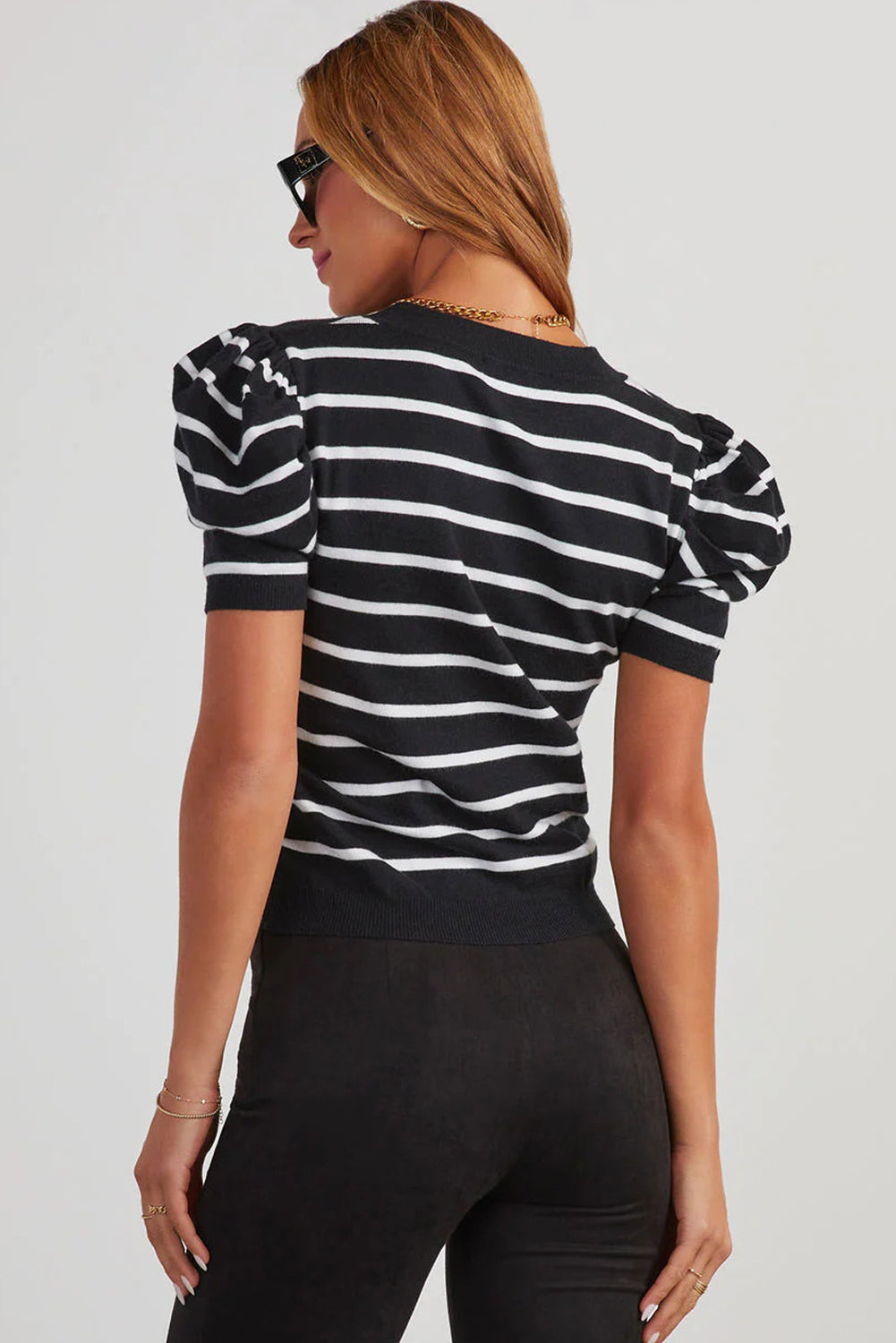 Ribbed Trim Round Neck Bubble Sleeve Knitted Top