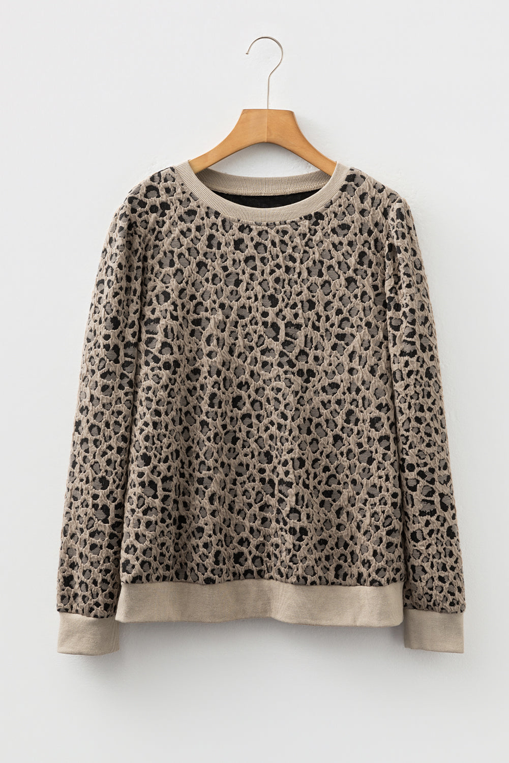 Ribbed Trim Leopard Print Long Sleeve Top