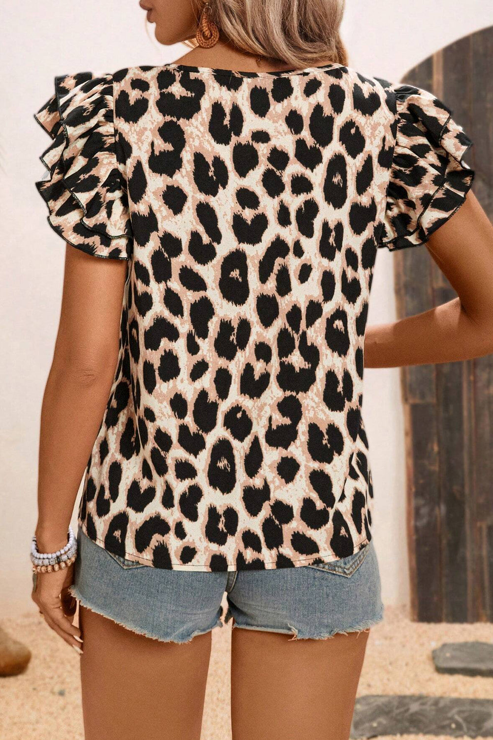 Leopard Print Layered Ruffled Short Sleeve Blouse