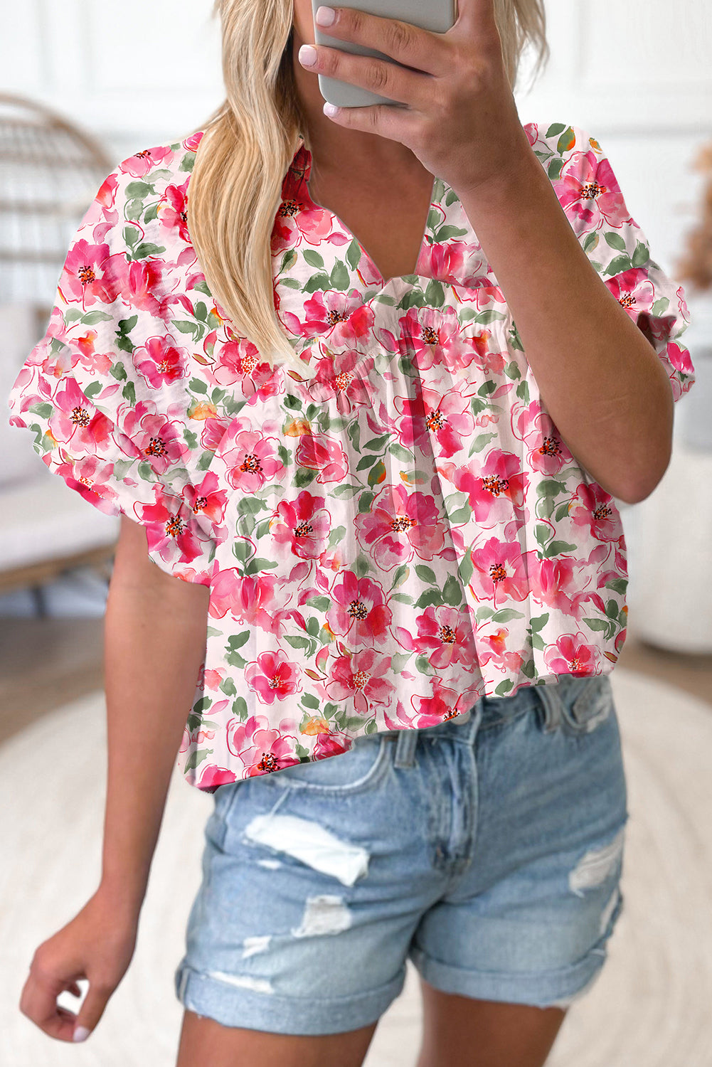 Floral Boxy Fit Ruffled Short Sleeve V Neck Blouse
