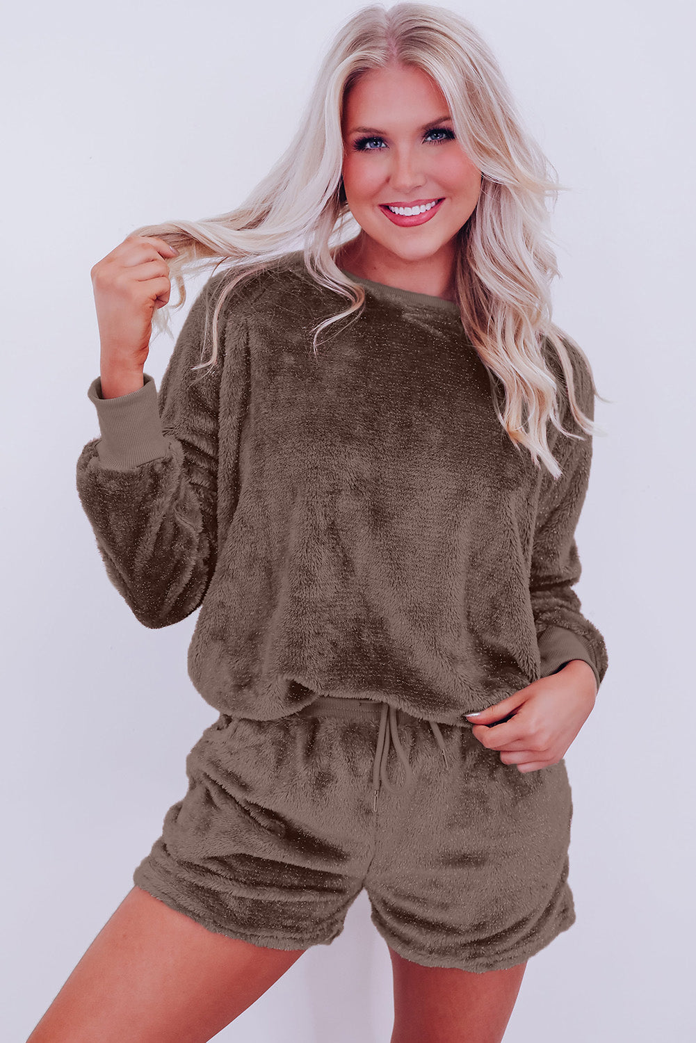 Solid Loose Fit Two Piece Fleece Lounge Set