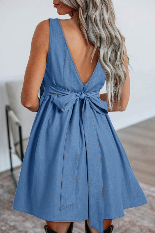Square Neck Pleated Waist V Cut Backless Tied Fit and Flare Dress