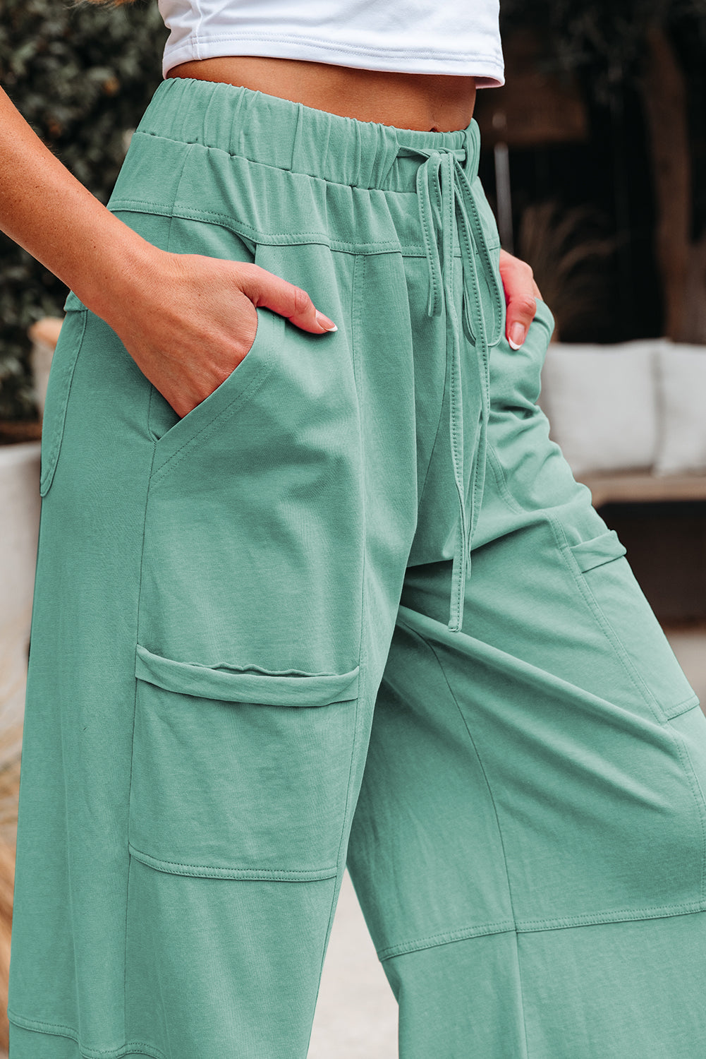 Mineral Wash Exposed Seam Drawstring High Waist Wide Leg Cargo Pants