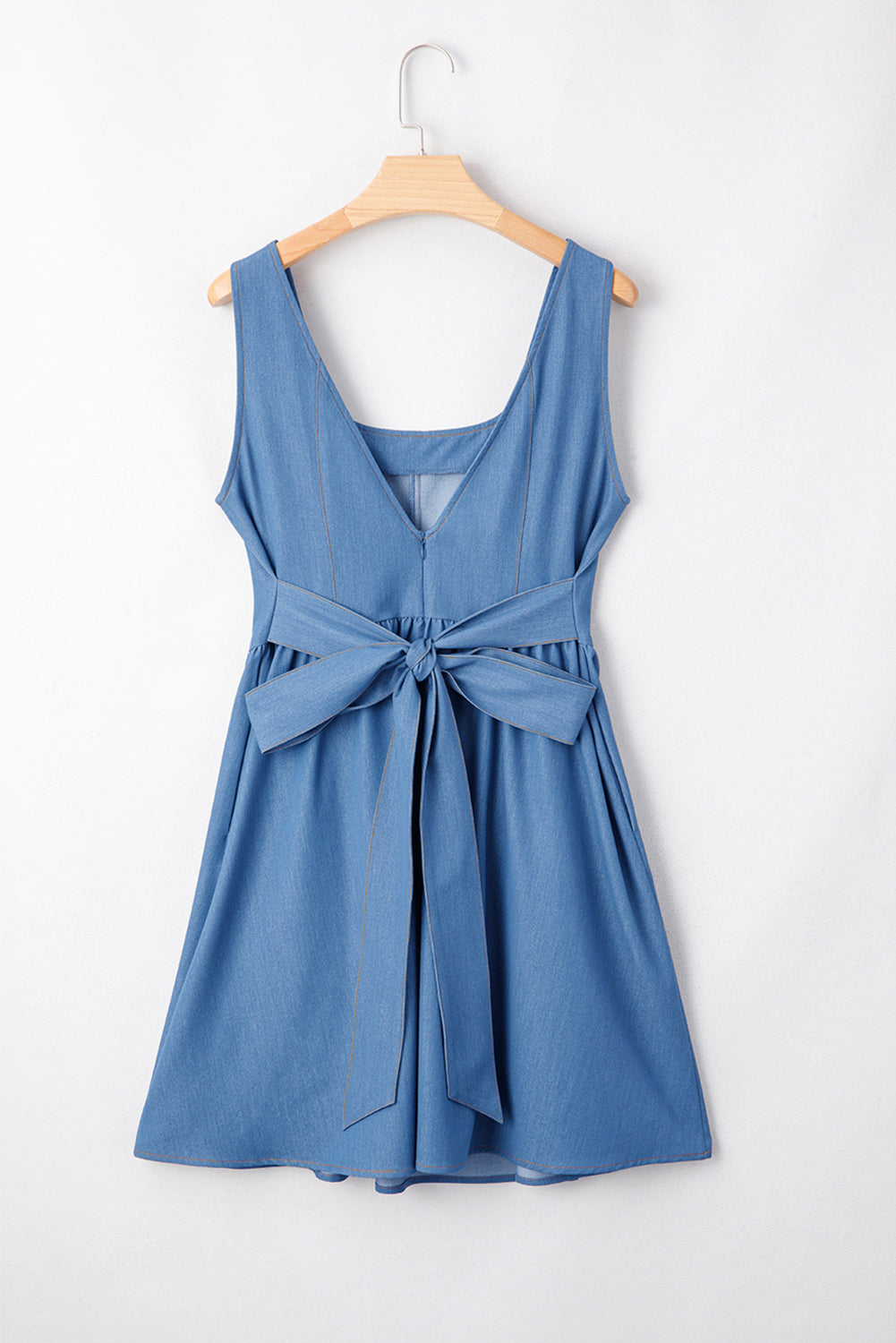 Square Neck Pleated Waist V Cut Backless Tied Fit and Flare Dress