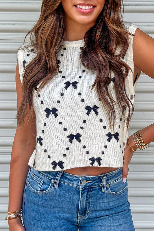 Bow Pattern Buttoned Side Cropped Sweater Vest