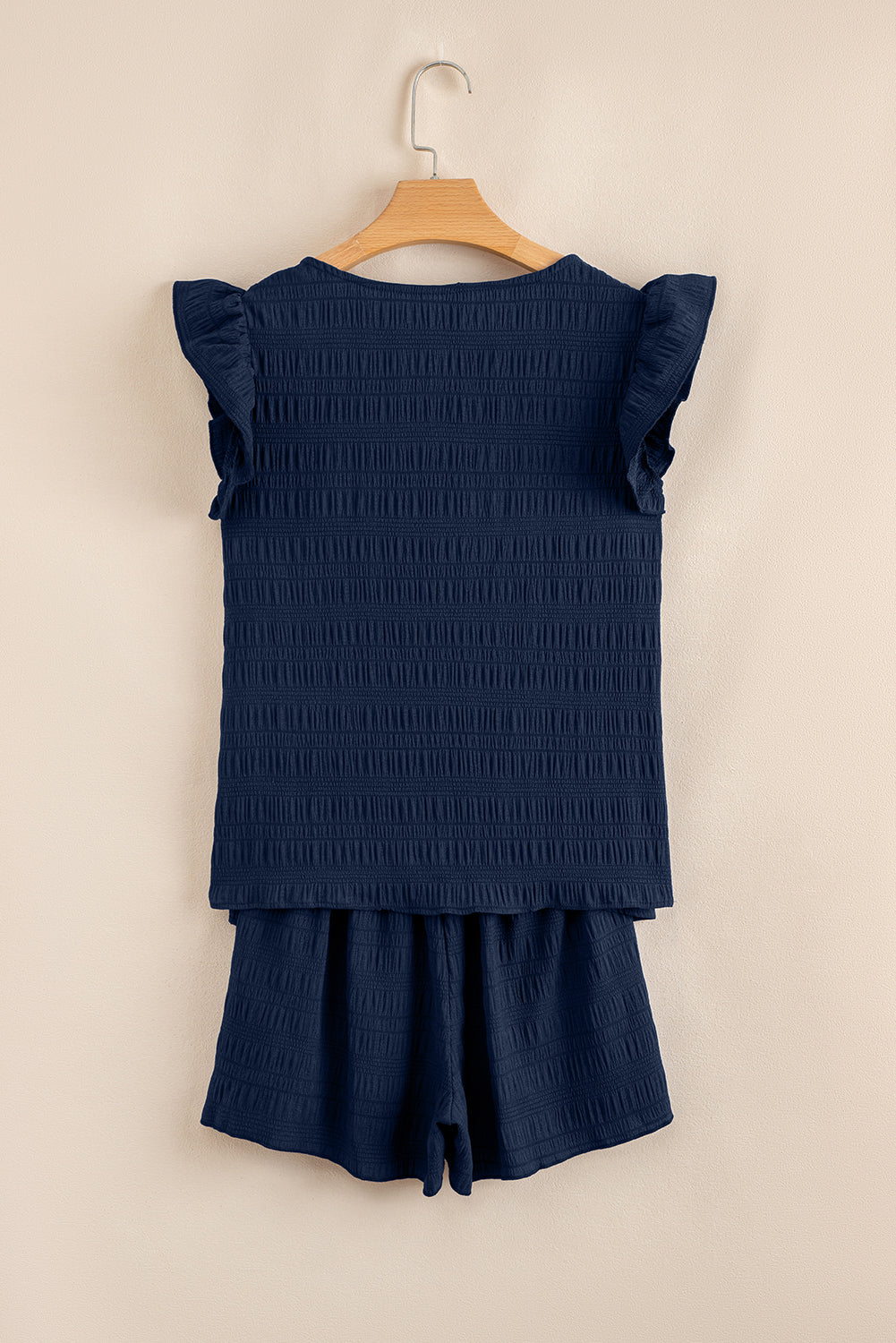 Textured Square Neck Top and Shirred High Waist Shorts Set