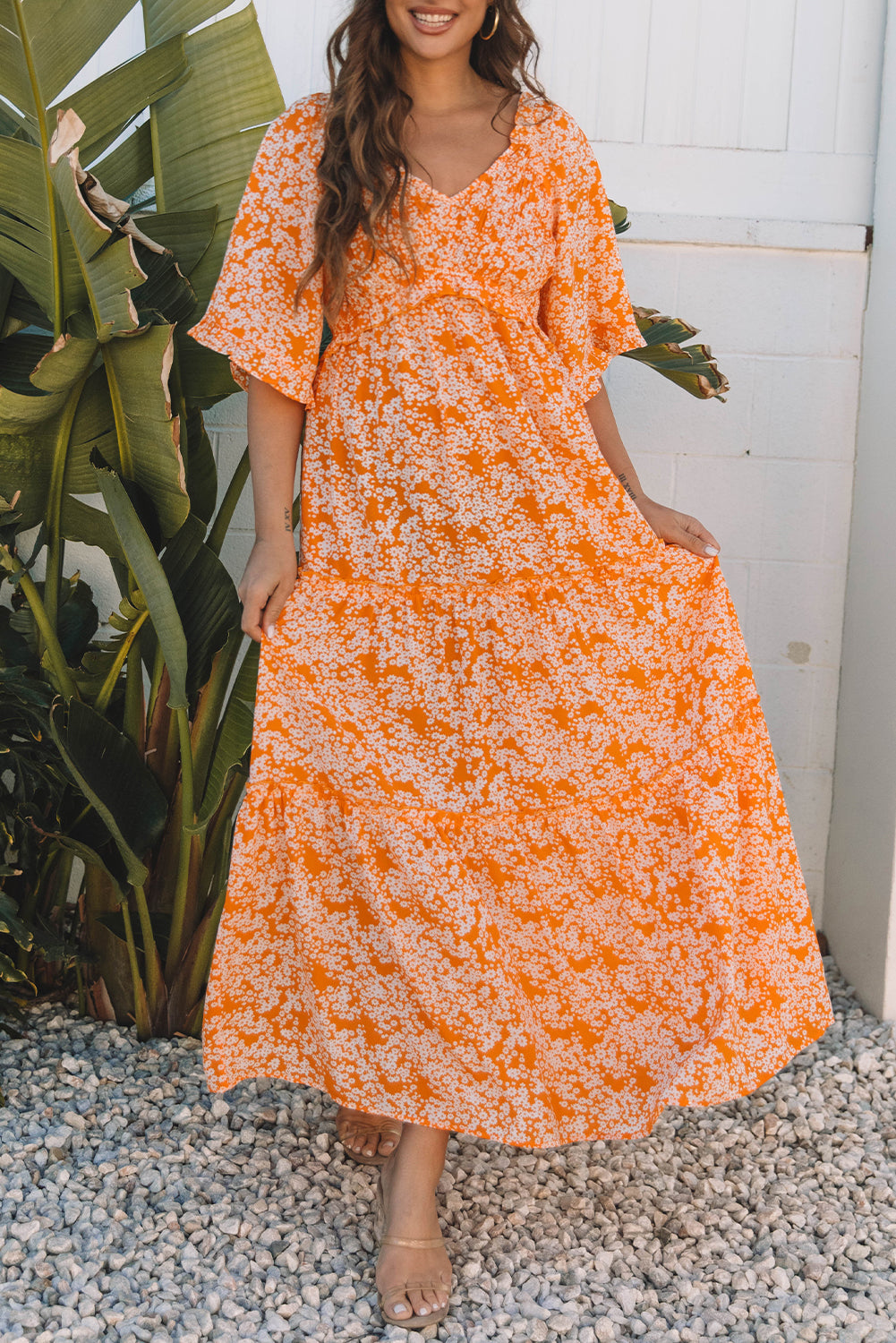 Floral Print Smocked V Neck Wide Sleeve Maxi Dress