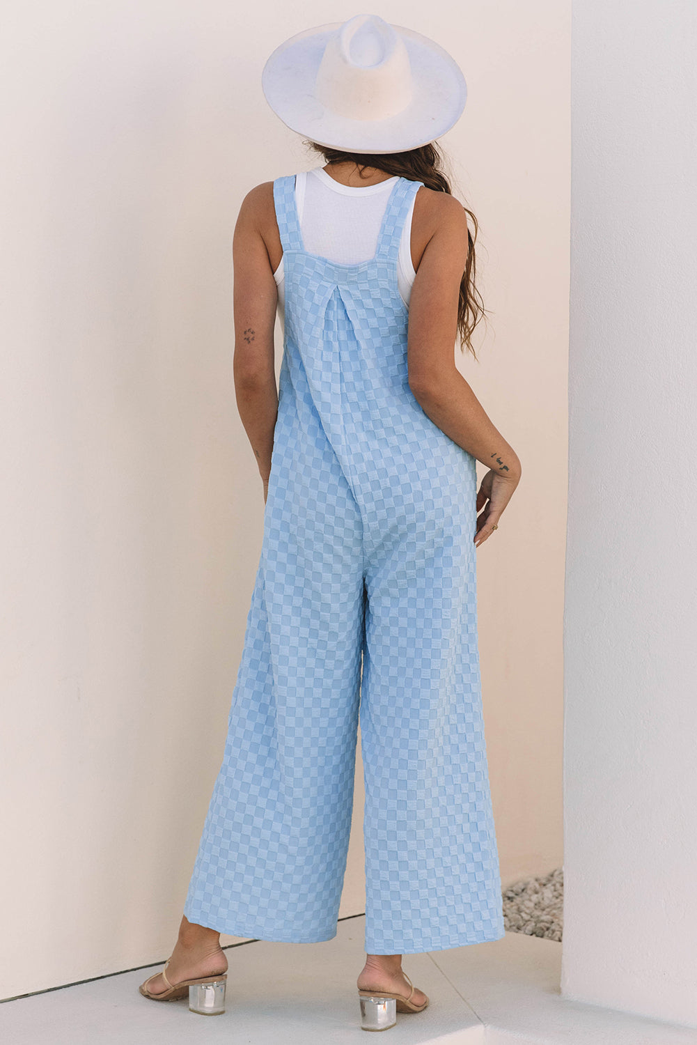 Checkered Pocketed High Waist Wide Leg Overall