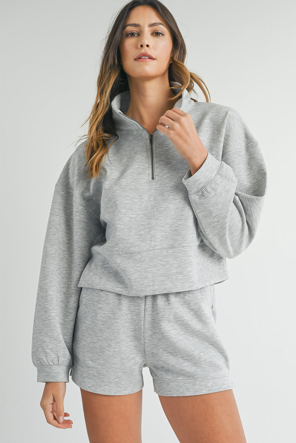 Stand Neck Zipped Sweatshirt and Shorts Set