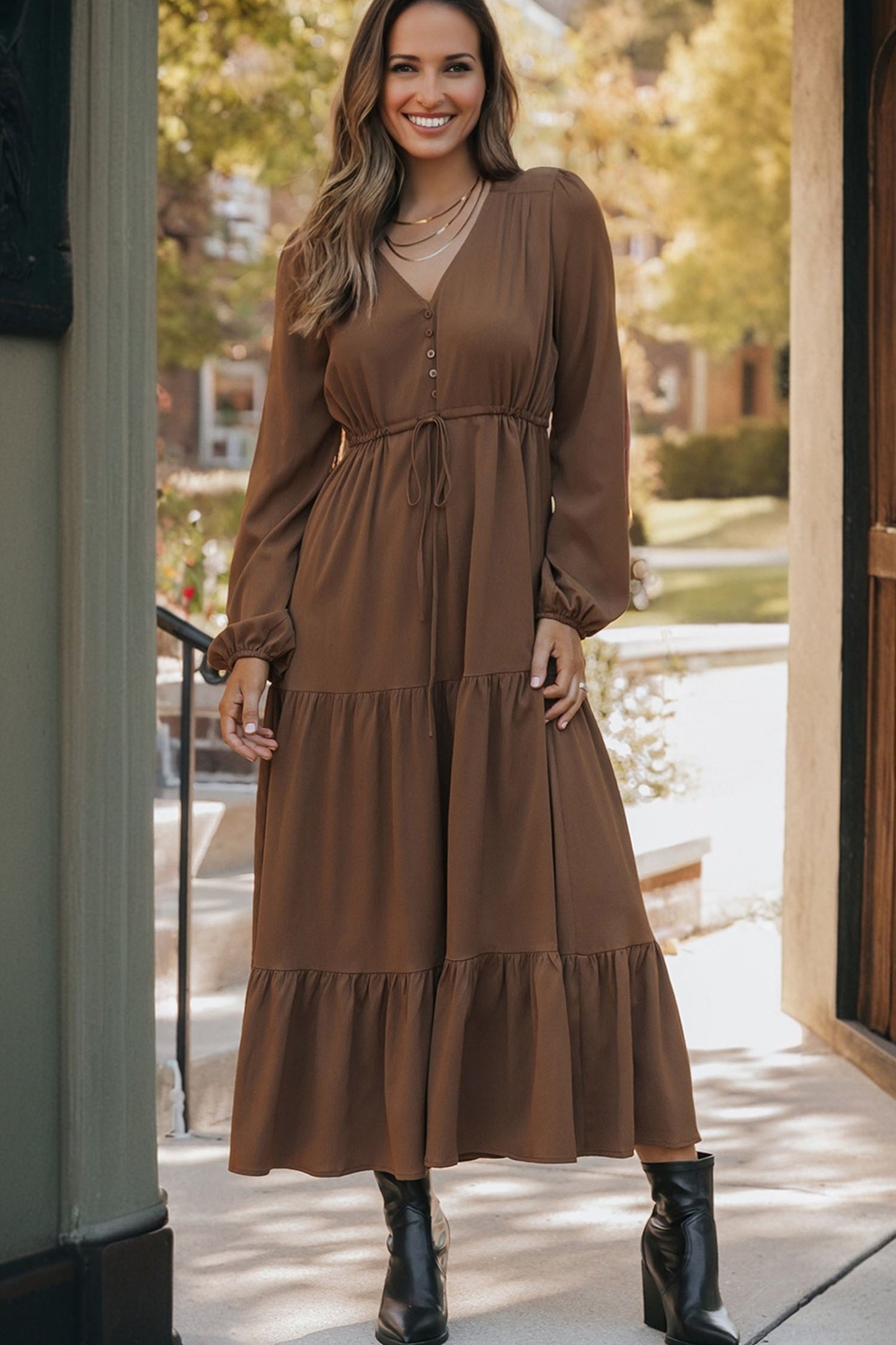 Solid Long Sleeve Button V Neck Tiered Maxi Dress