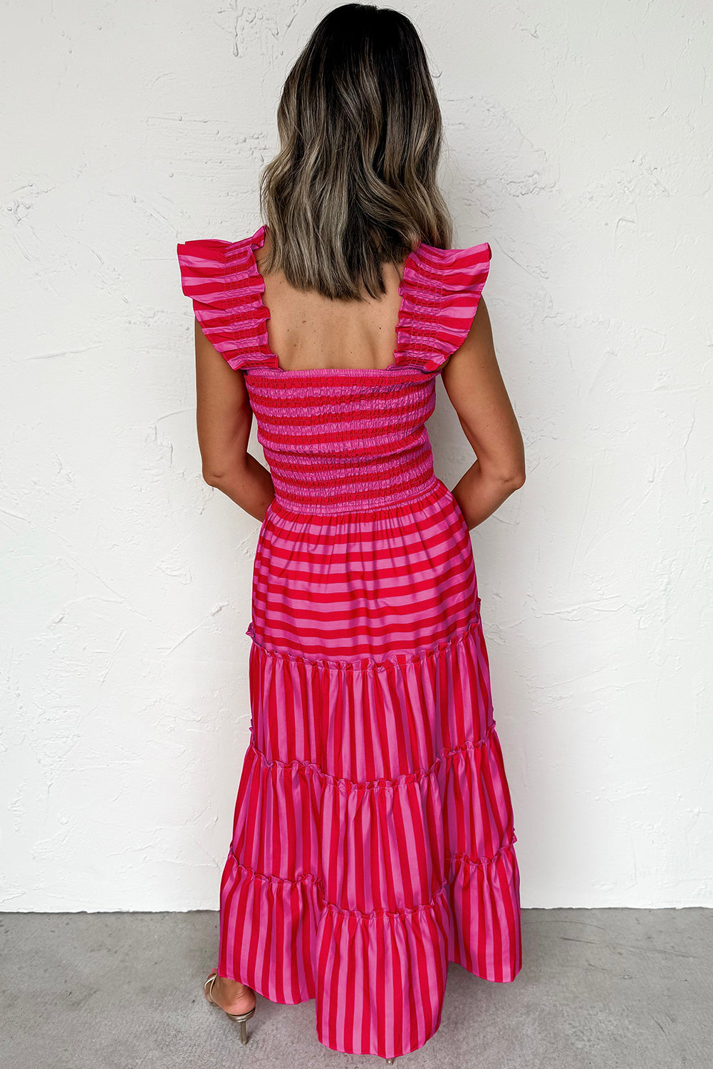 Stripe Flutter Sleeve Smocked Bodice Tiered Maxi Dress