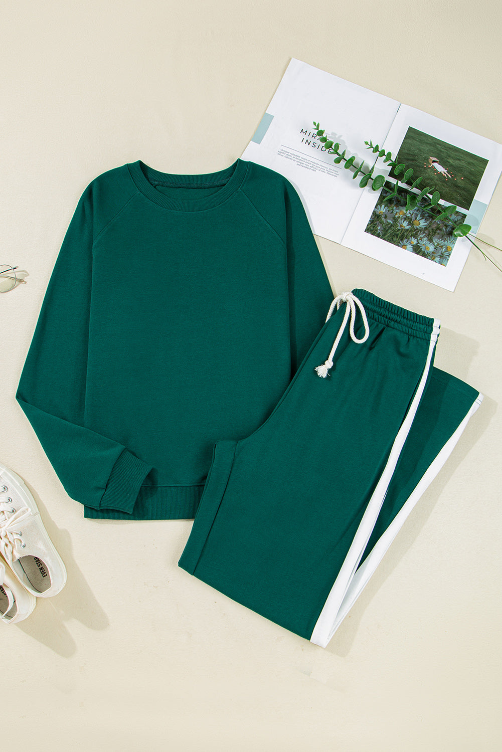 Solid Color Pullover Top Varsity Stripe Detail Loose Drawstring Pants Set