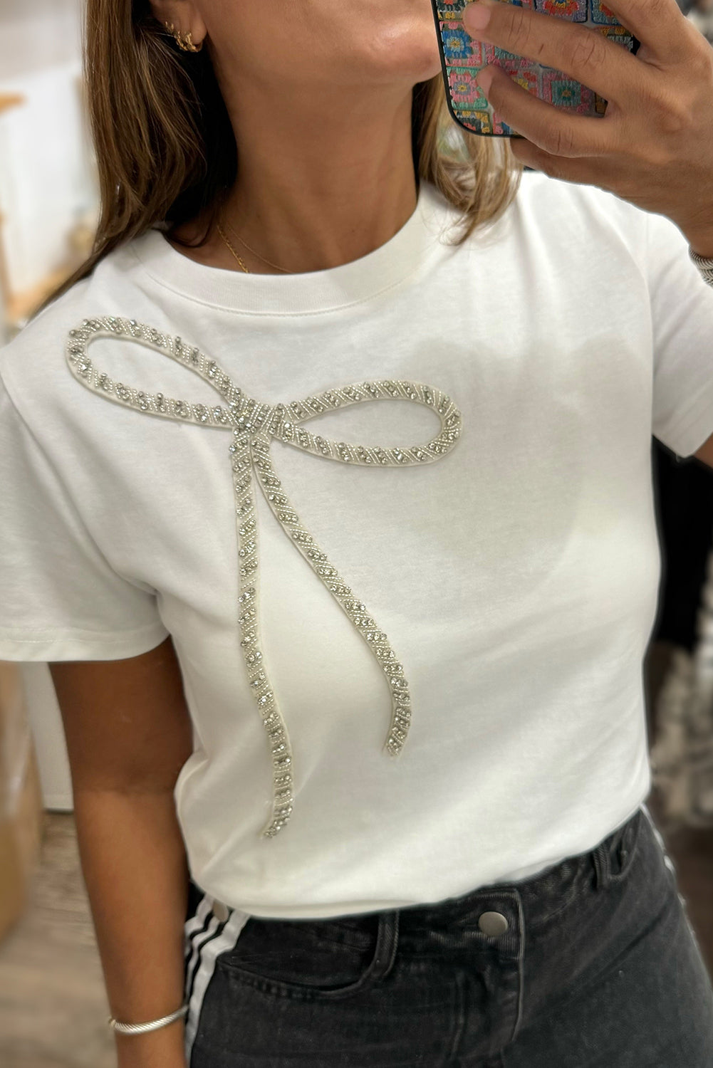 Rhinestone Bow Embellished Round Neck Tee