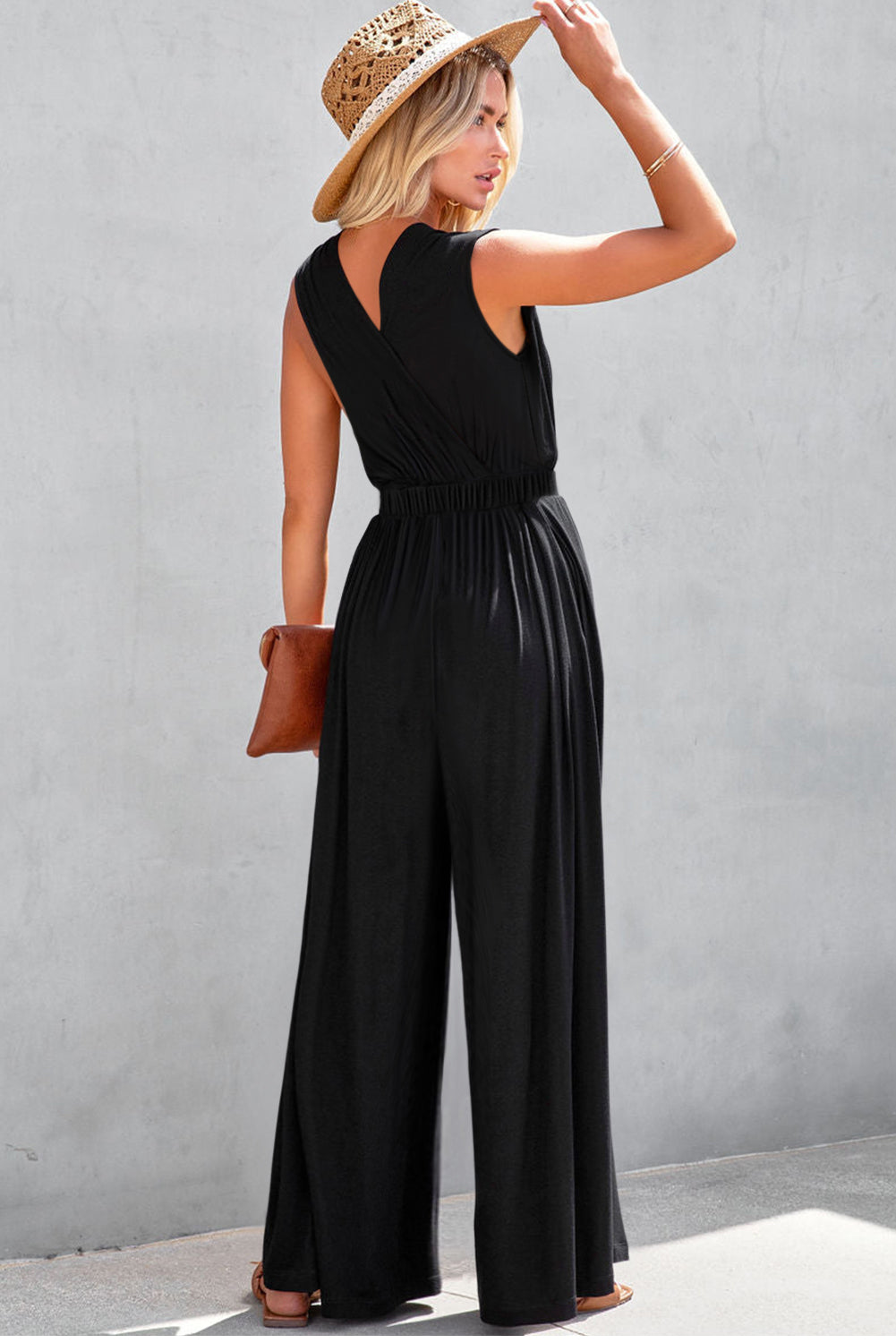 Deep V Pleated Crisscross Wide Leg Backless Jumpsuit