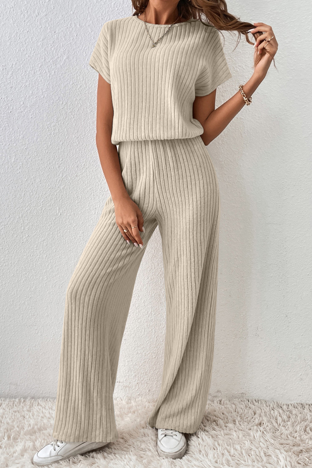 Ribbed Keyhole Short Sleeve Wide Leg Jumpsuit