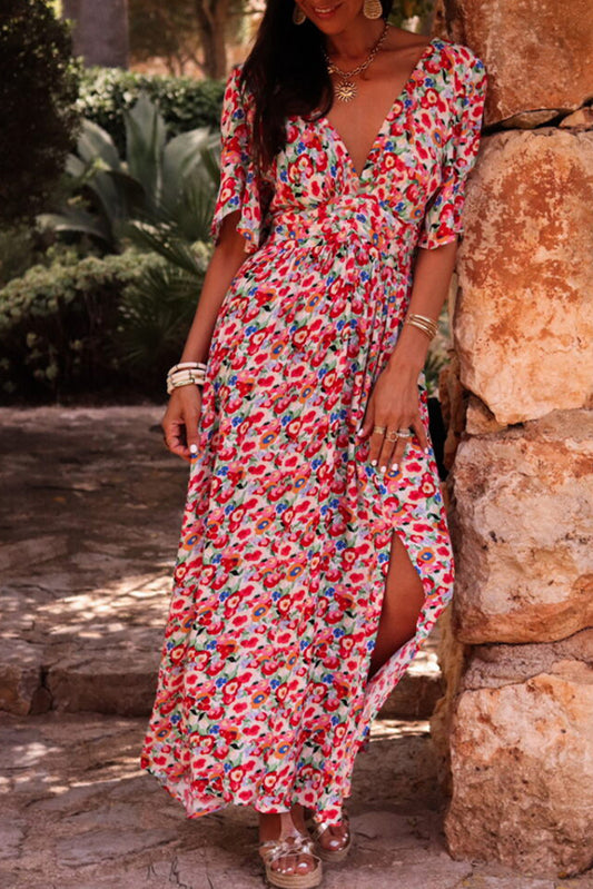 Half Sleeve Deep V Neck Cutout Back Split Maxi Dress