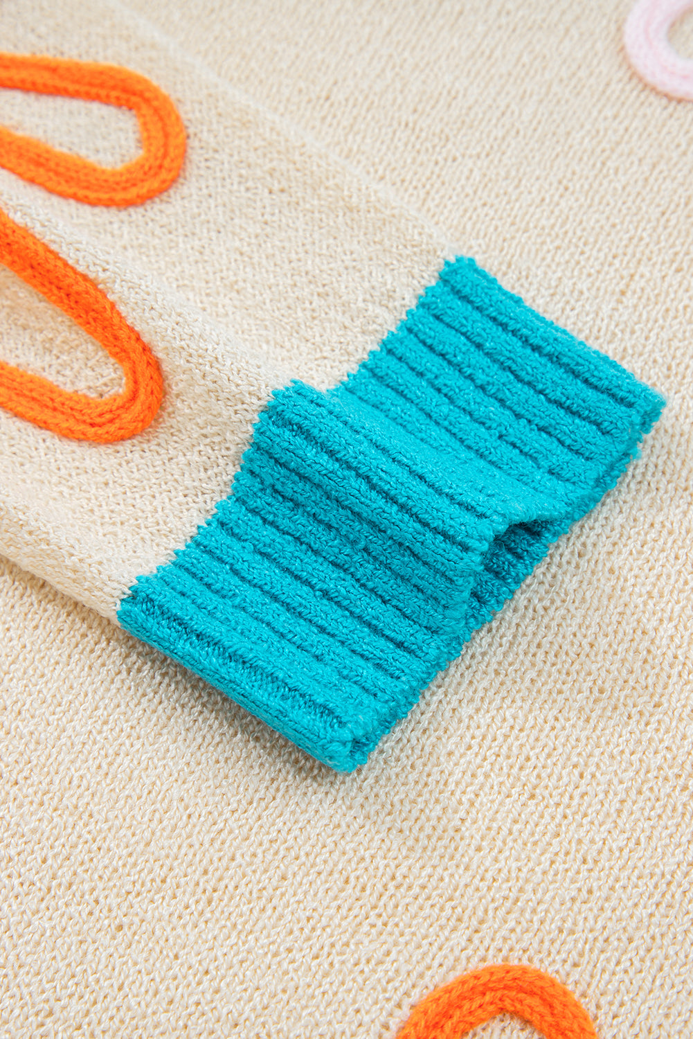 Contrast Flower Detail Colorblock Cuffed Loose Sweater