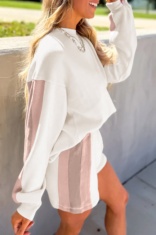 Color Block Patchwork Drop Shoulder Pullover Casual Shorts 2pcs Outfit