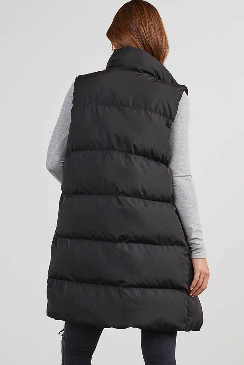 Windproof Longline Full Zipper Puffer Vest with Pockets