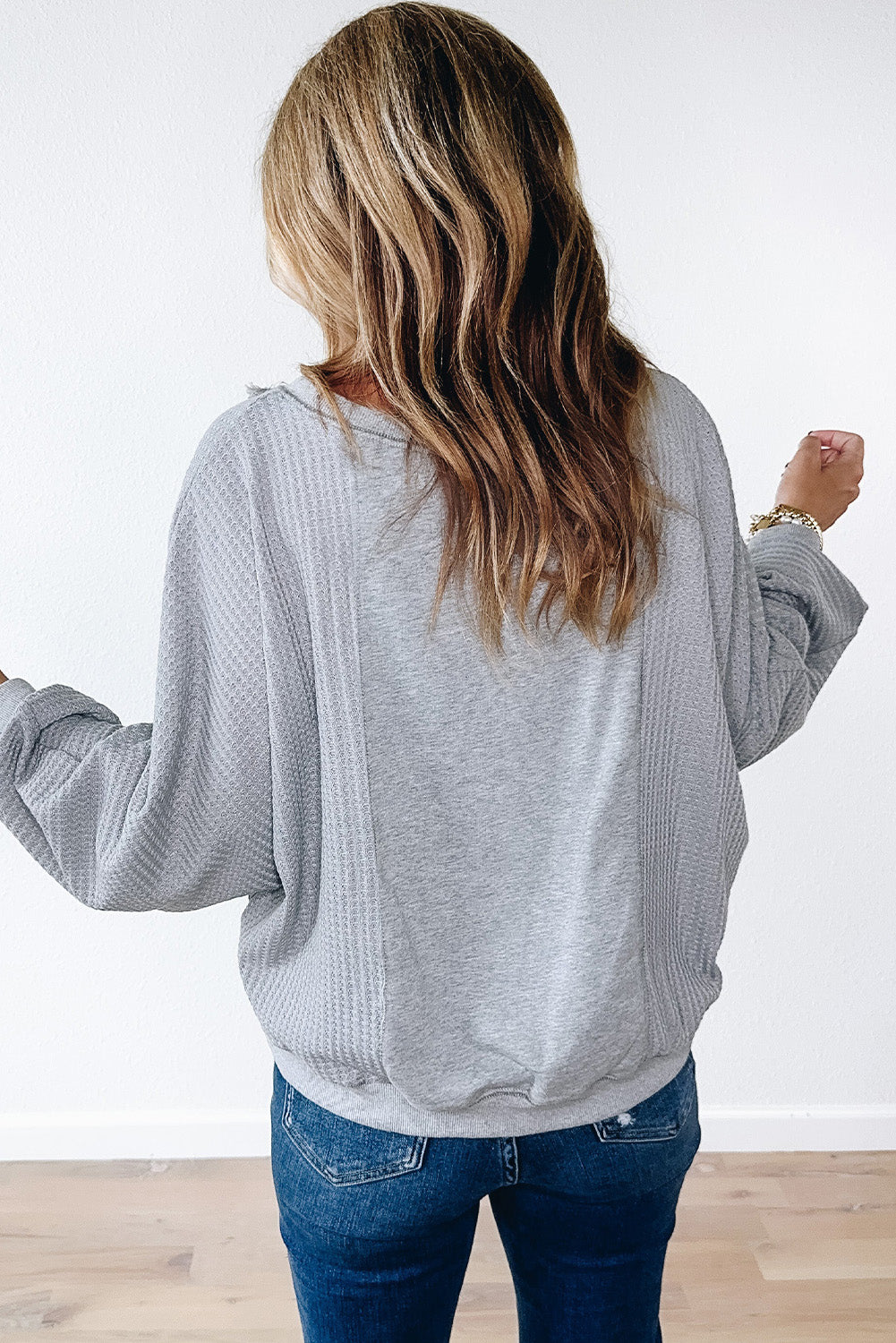 Waffle Patchwork Long Sleeve Raw Hem Pullover Top