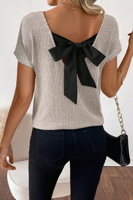 Ribbed Short Sleeve V Neck Colorblock Bow Back Top