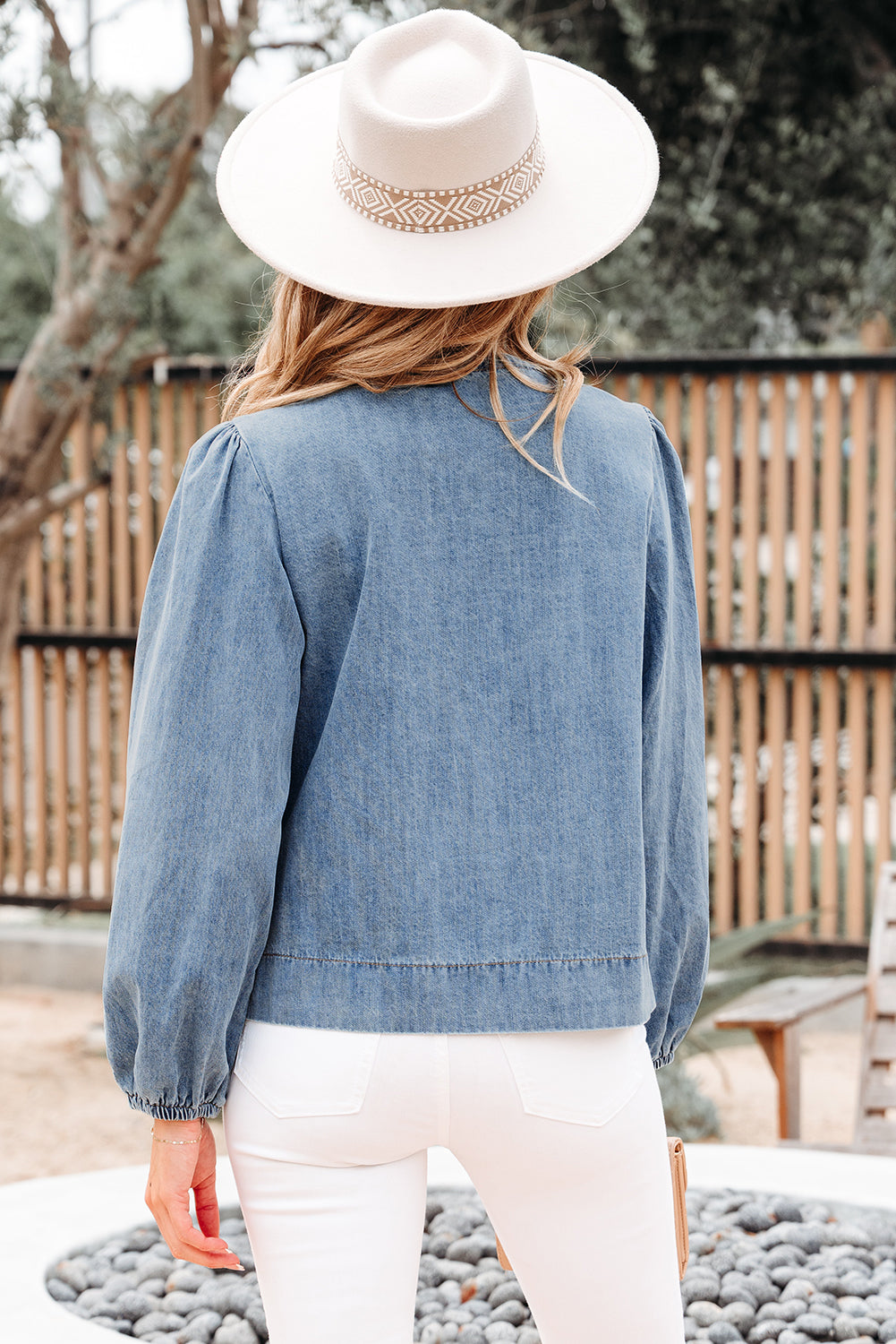 Tied Front Long Puff Sleeve Denim Top