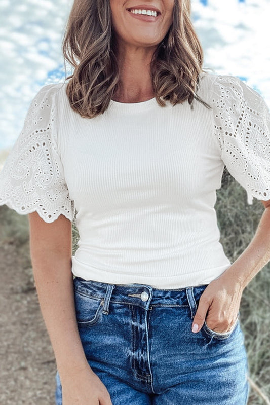 Eyelet Pattern Short Sleeve Patchwork Ribbed Top