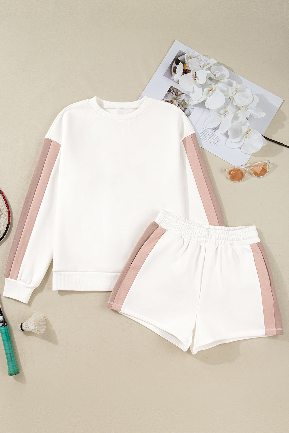 Color Block Patchwork Drop Shoulder Pullover Casual Shorts 2pcs Outfit