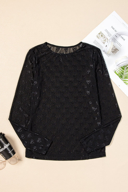 Mesh Bow Pattern Long Sleeve Top