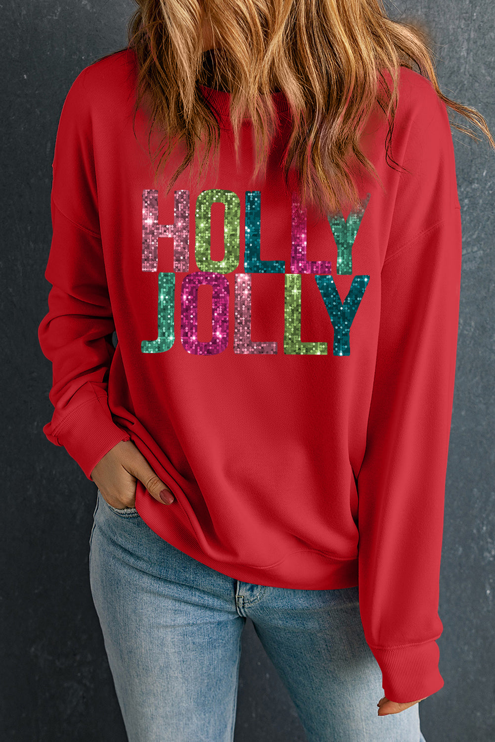 Heat Transfer HOLLY JOLLY Printing Christmas Pullover Sweatshirt