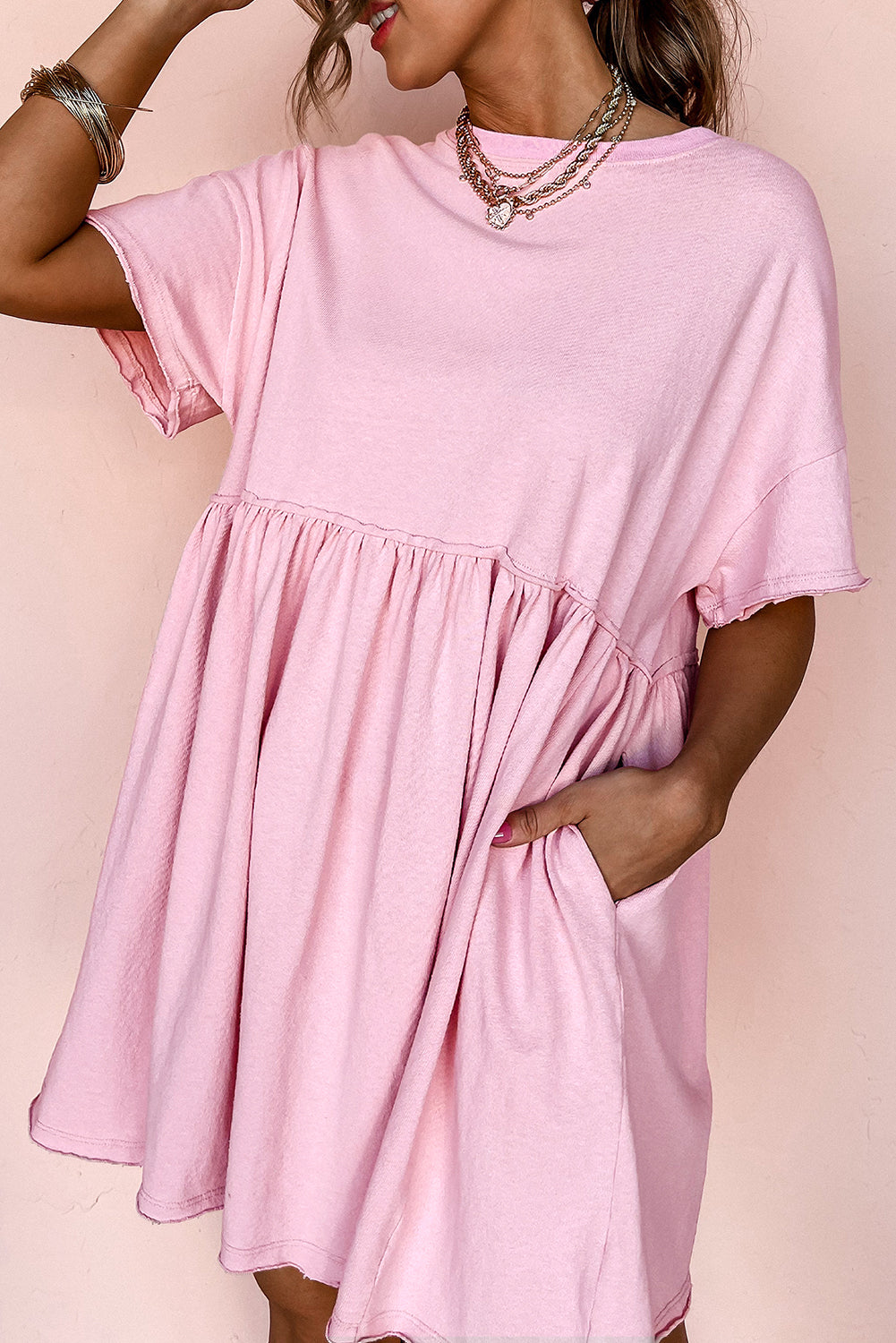 Solid Color Pocketed Raw Edge Babydoll Dress