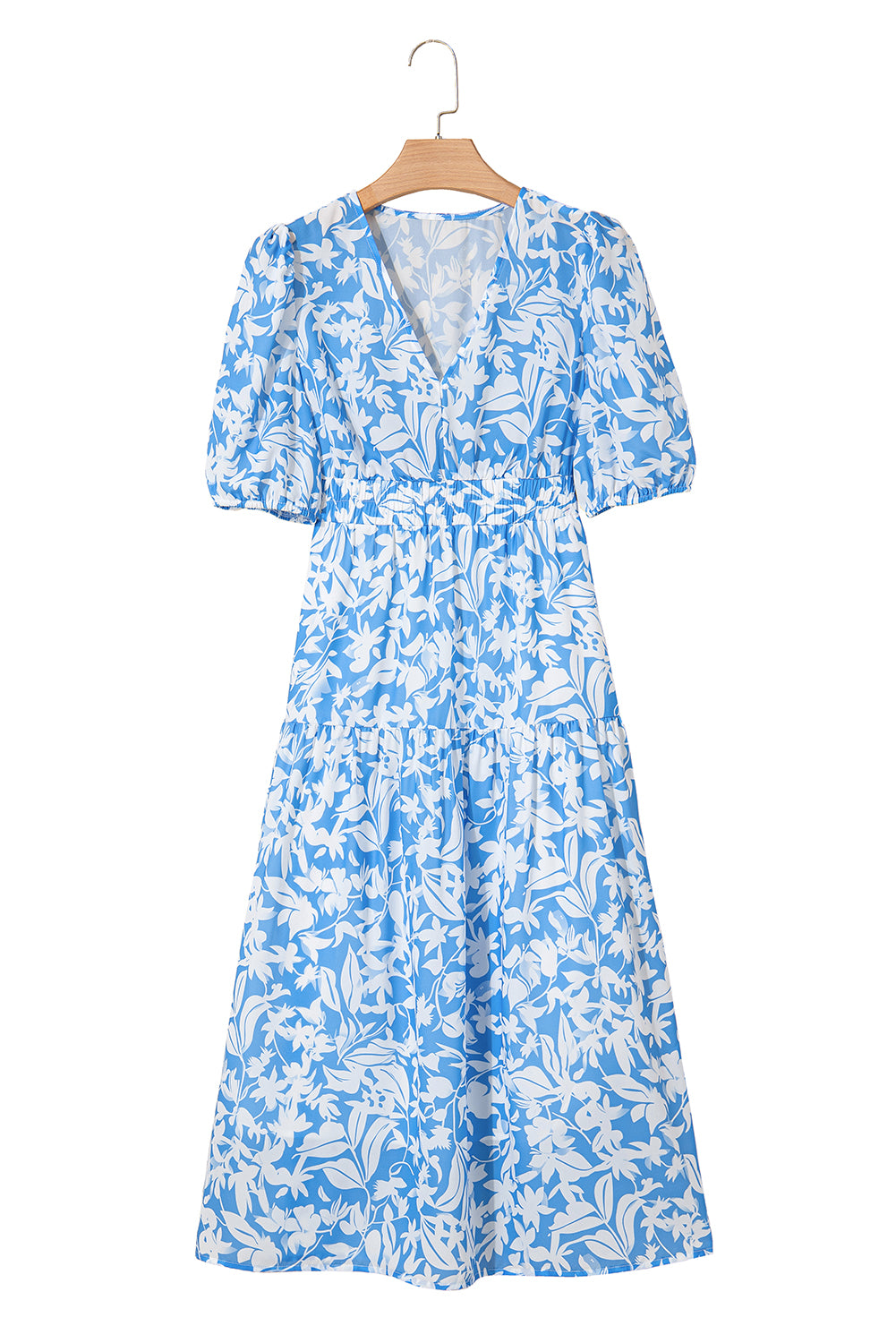 Floral V Neck Puff Short Sleeve Flowy Long Dress