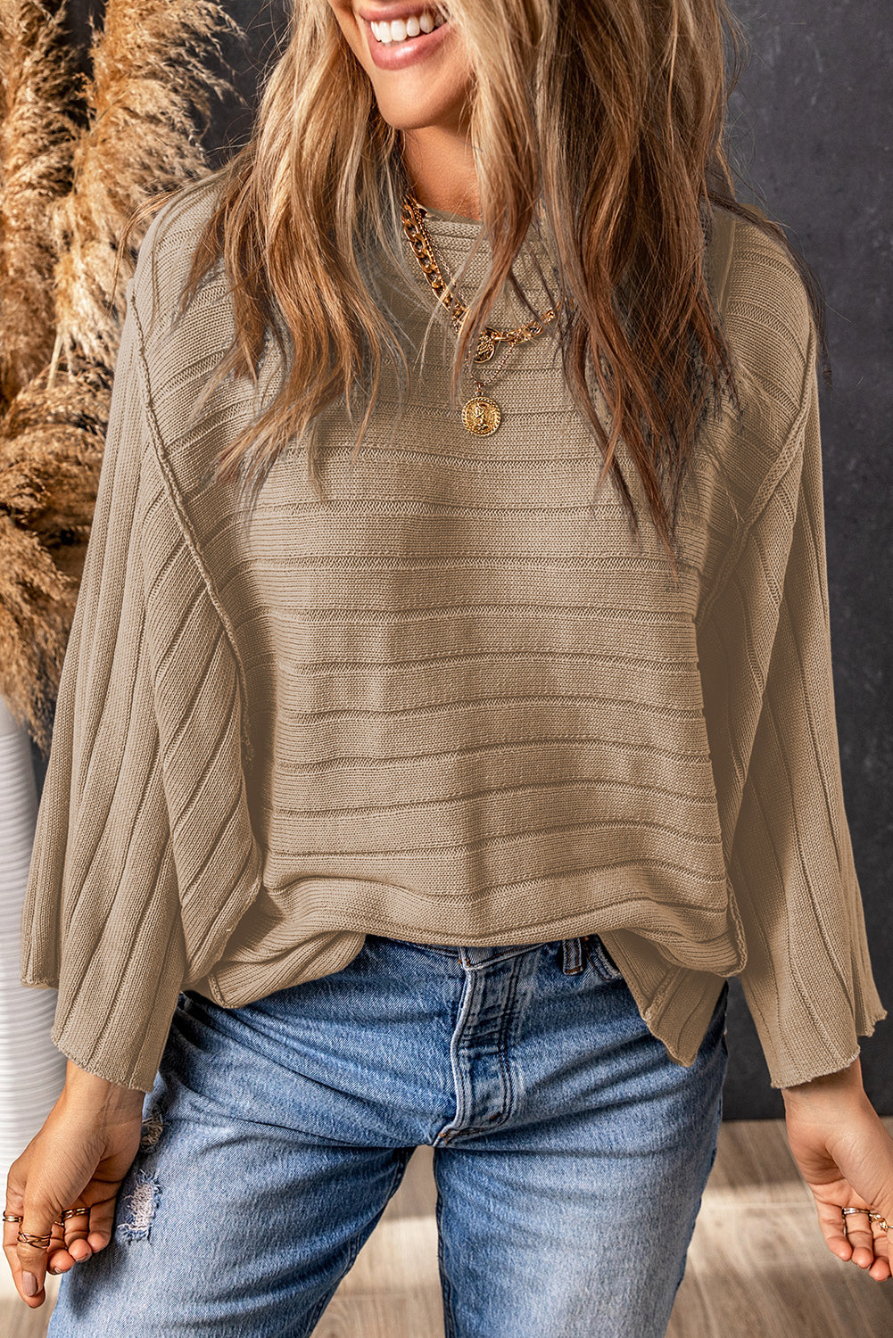 Exposed Seam Ribbed Knit Dolman Top