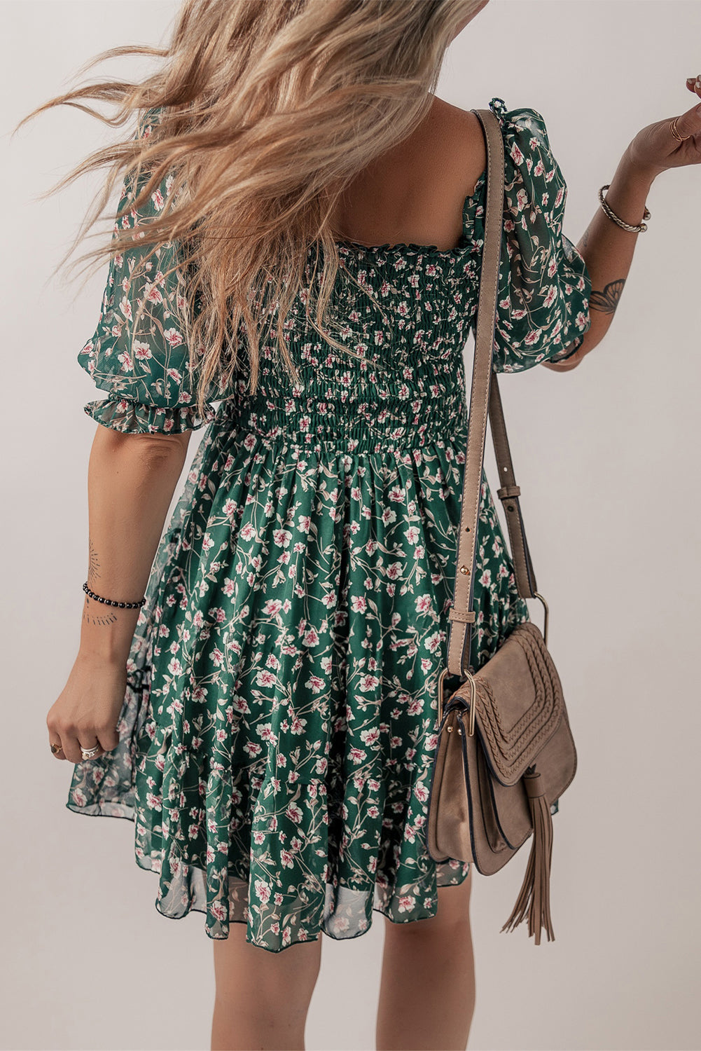 Smocked Square Neck Puff Short Sleeve Floral Dress