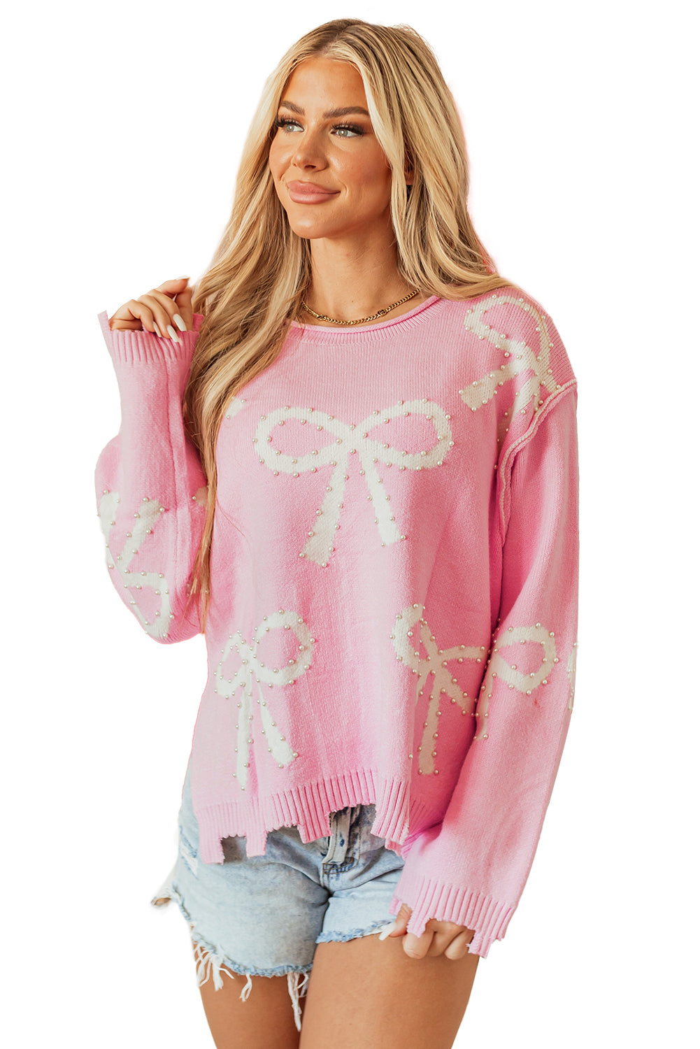 Beaded Bowknot Pattern Distressed Split Hem Sweater