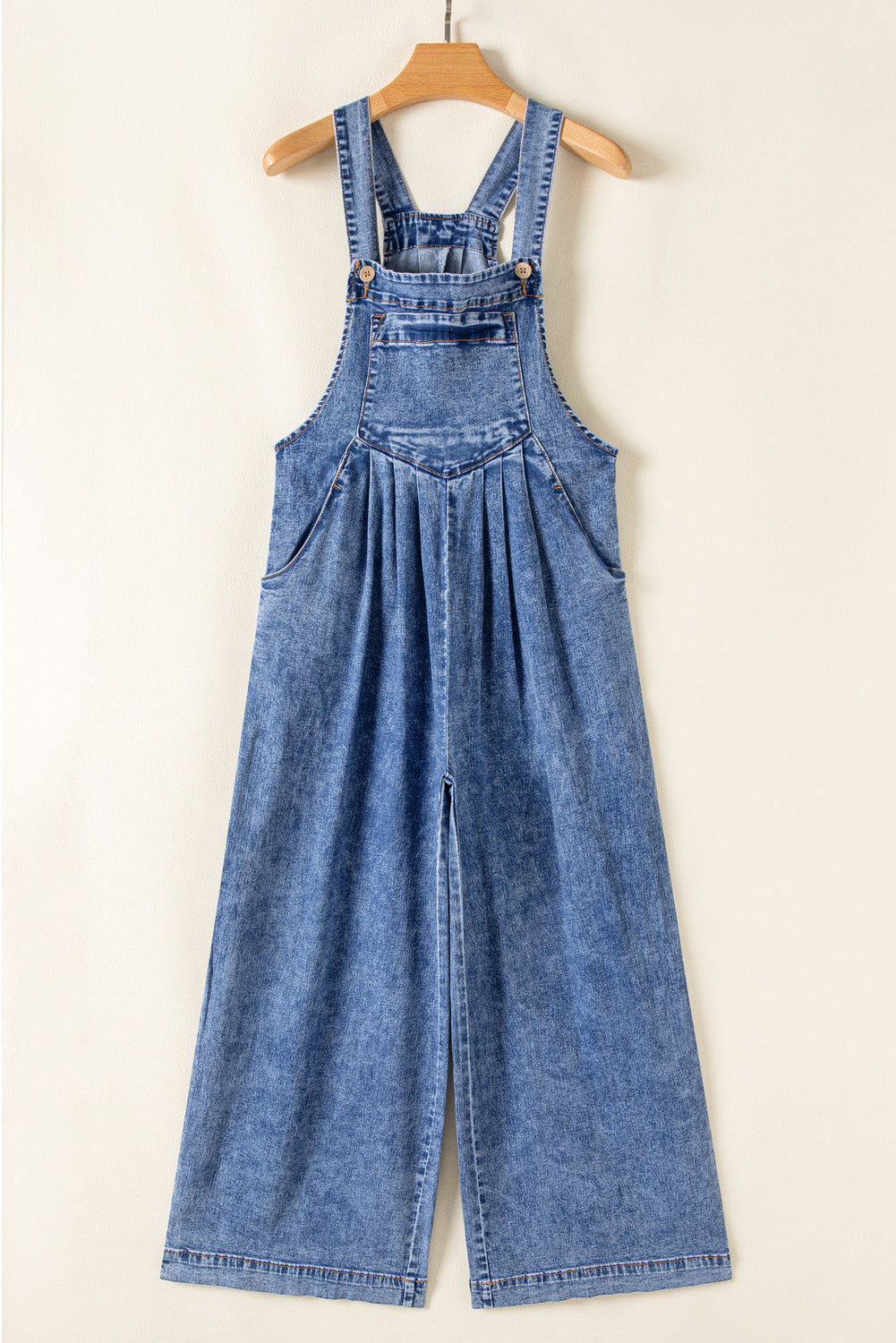 Mineral Wash Buttoned Straps Wide Leg Denim Overalls