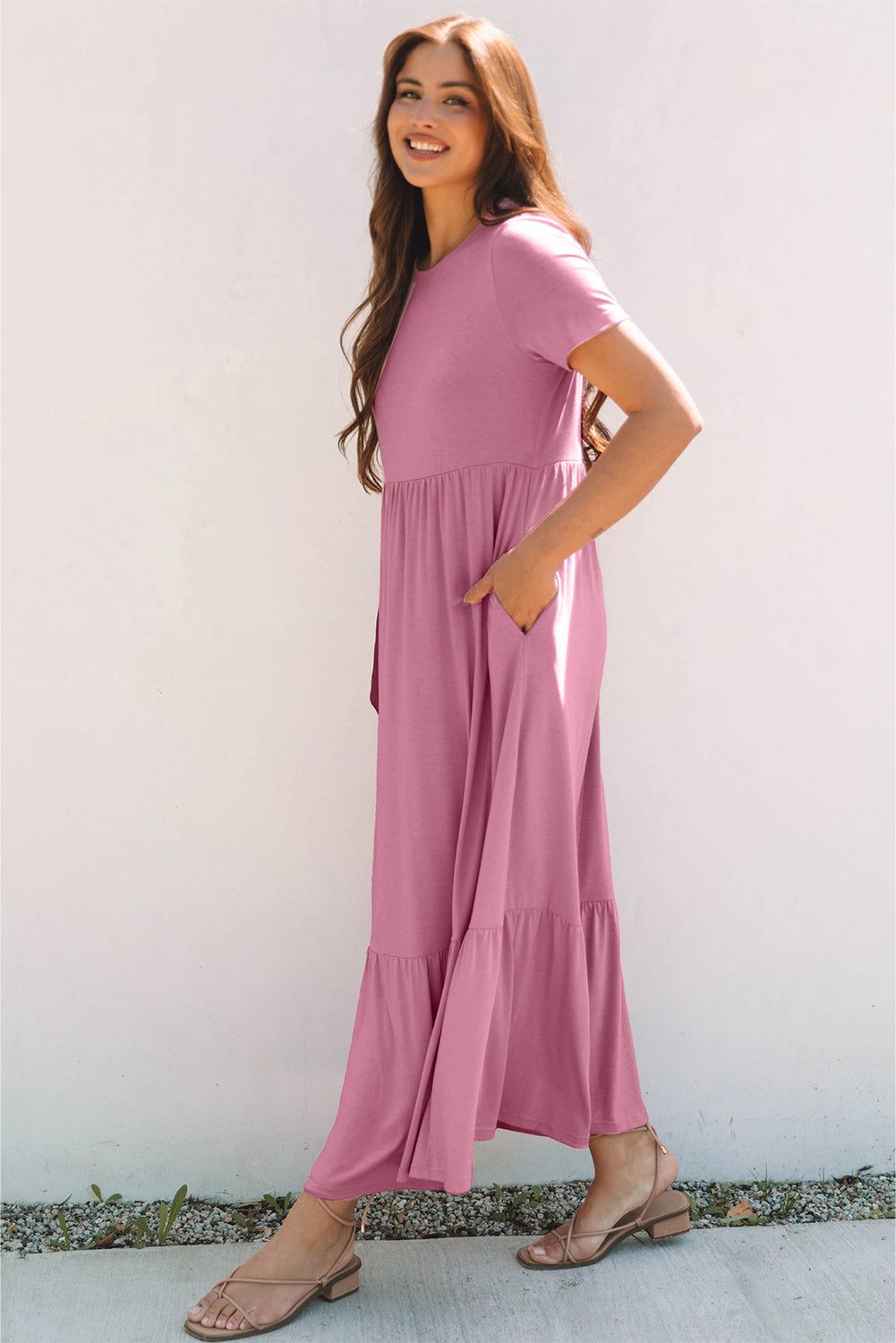 Solid Color T-shirt High Waist Pocketed Long Dress