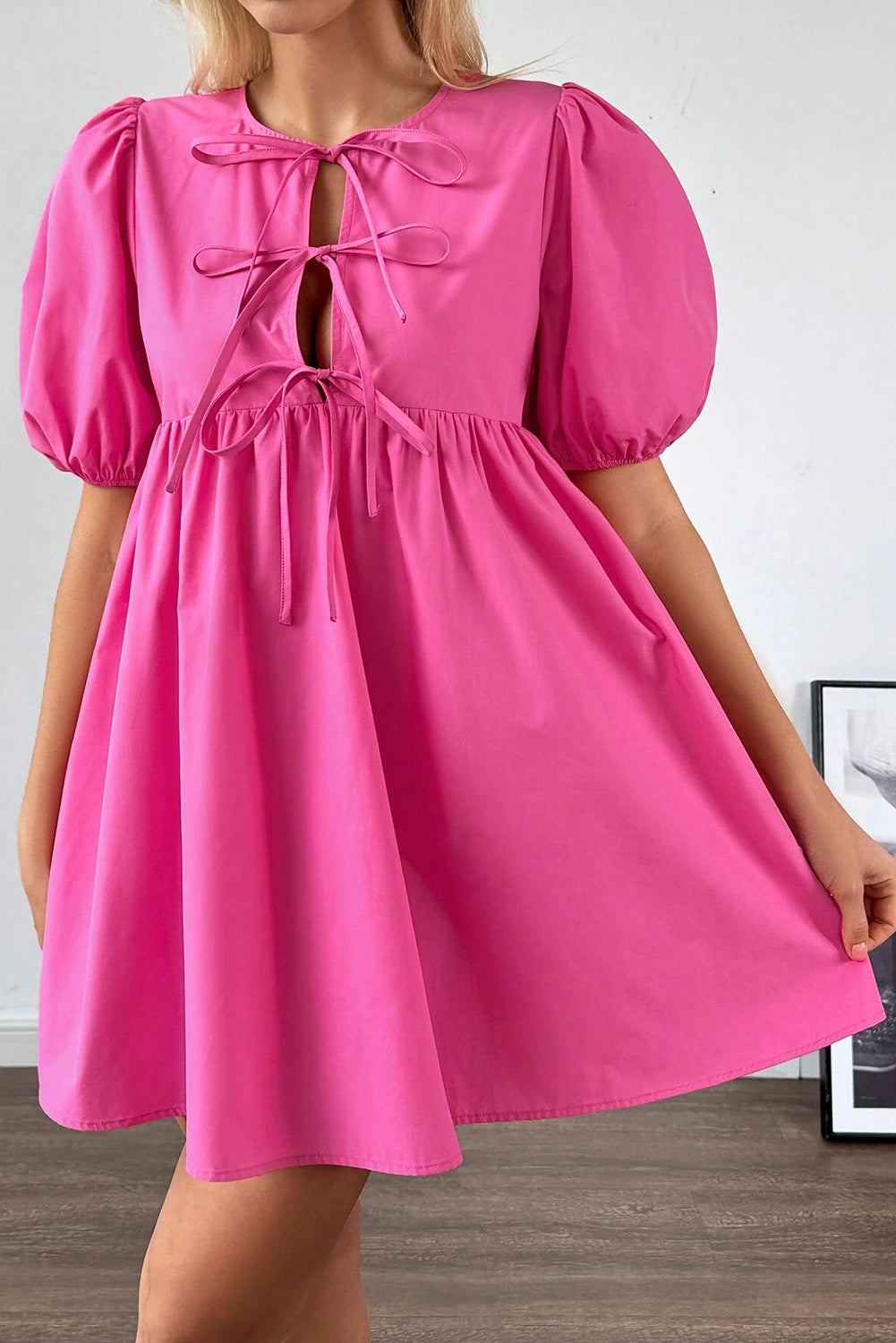 Solid Color Puff Sleeve Tie Front High Waist Mini Dress