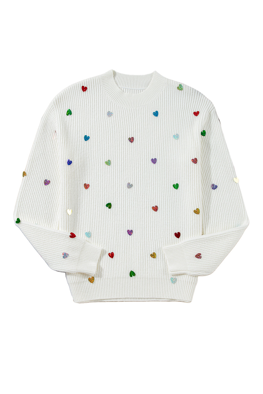 Sequin Heart Shape Waffle Knit Round Neck Sweater