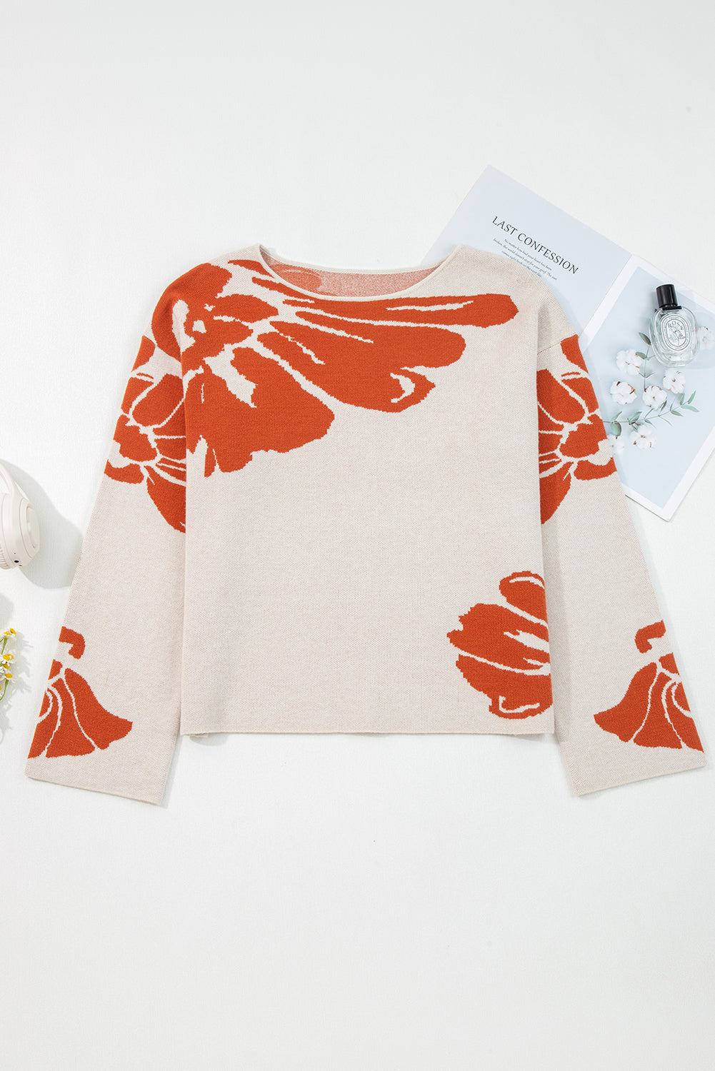 Bold Flower Pattern Wide Sleeve Baggy Sweater