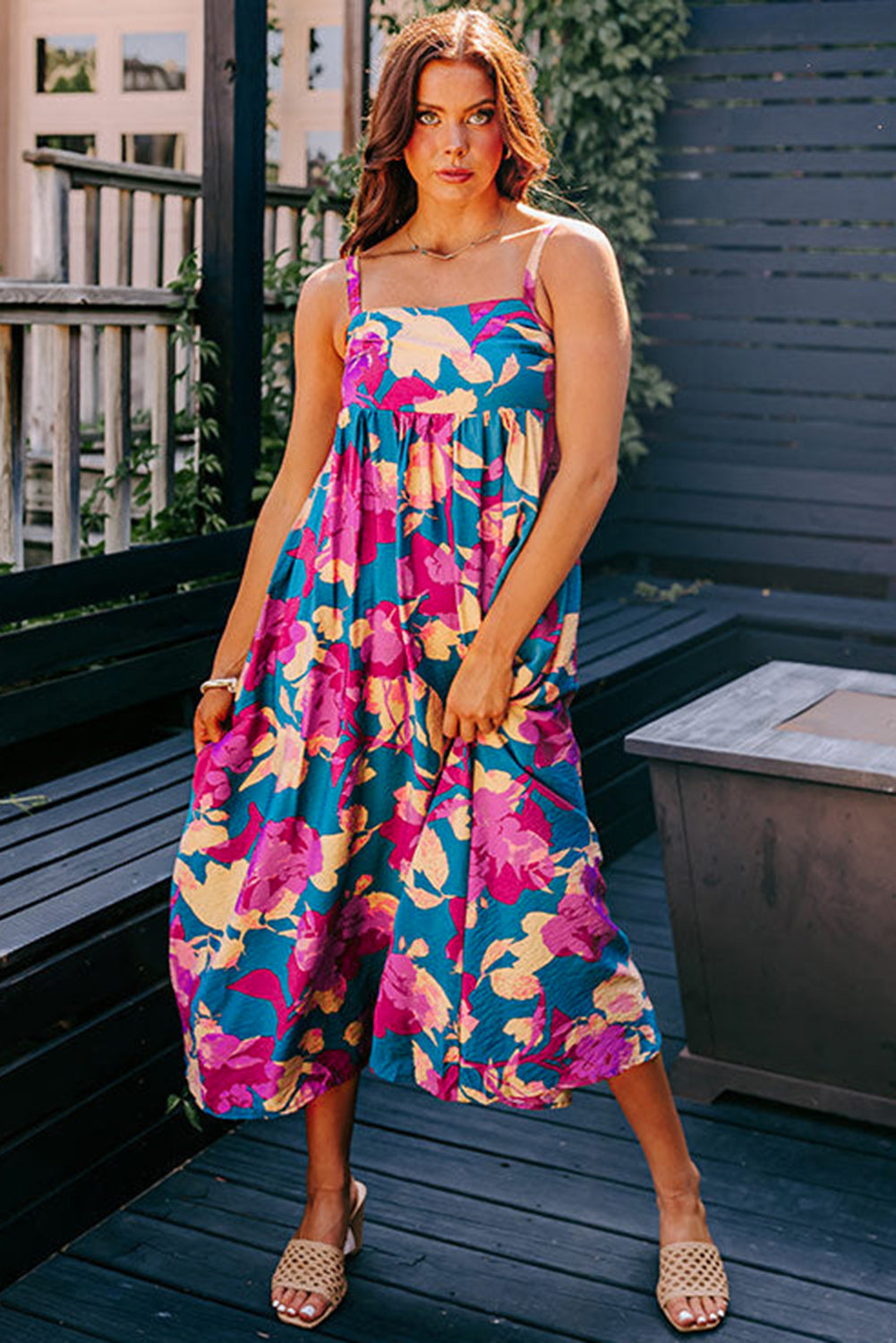 Floral High Waist Sleeveless Flared Long Dress