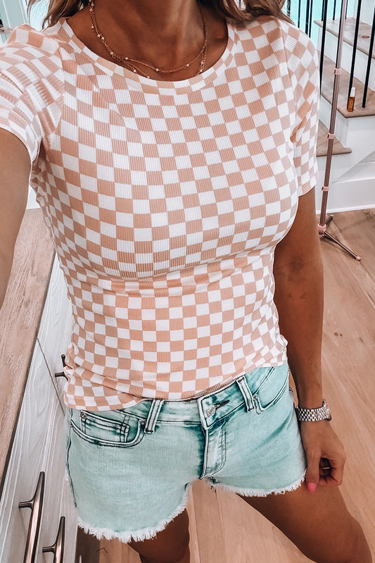 Checkered Ribbed Slim Fit Crew Neck T Shirt