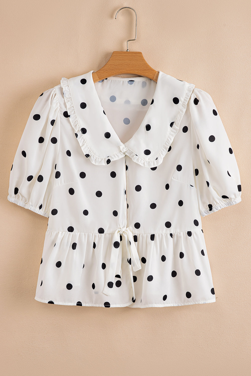 Polka Dot Collared Lace up Font Puff Sleeve Peplum Top