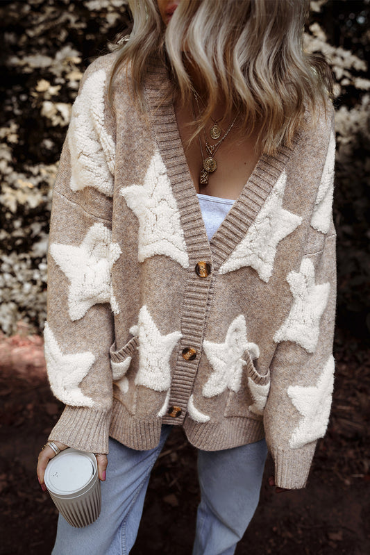 Sherpa Star Pattern Textured Sweater Cardigan with Pockets