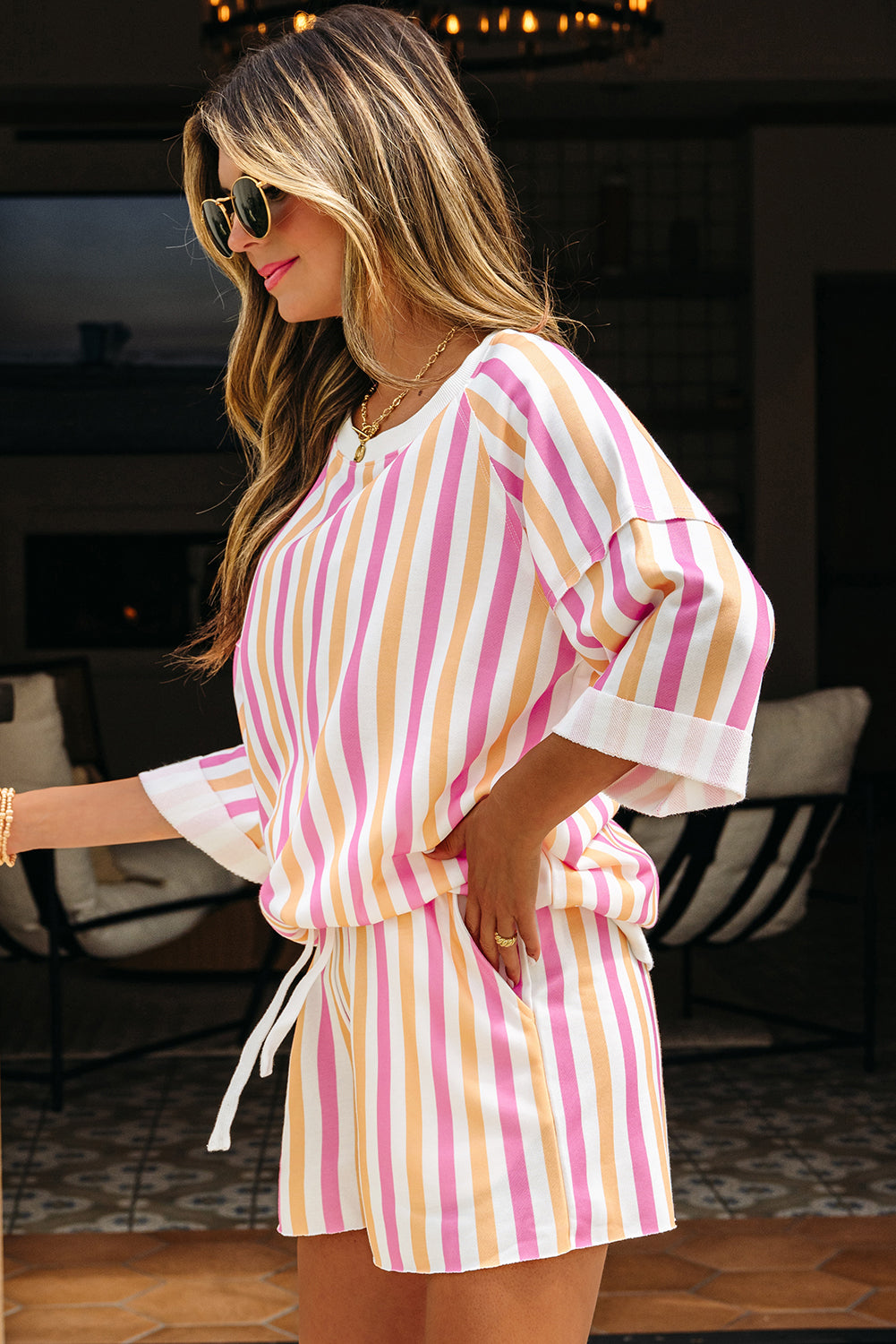 Stripe Drop Shoulder Half Sleeve Loose Tee and Shorts Casual Set