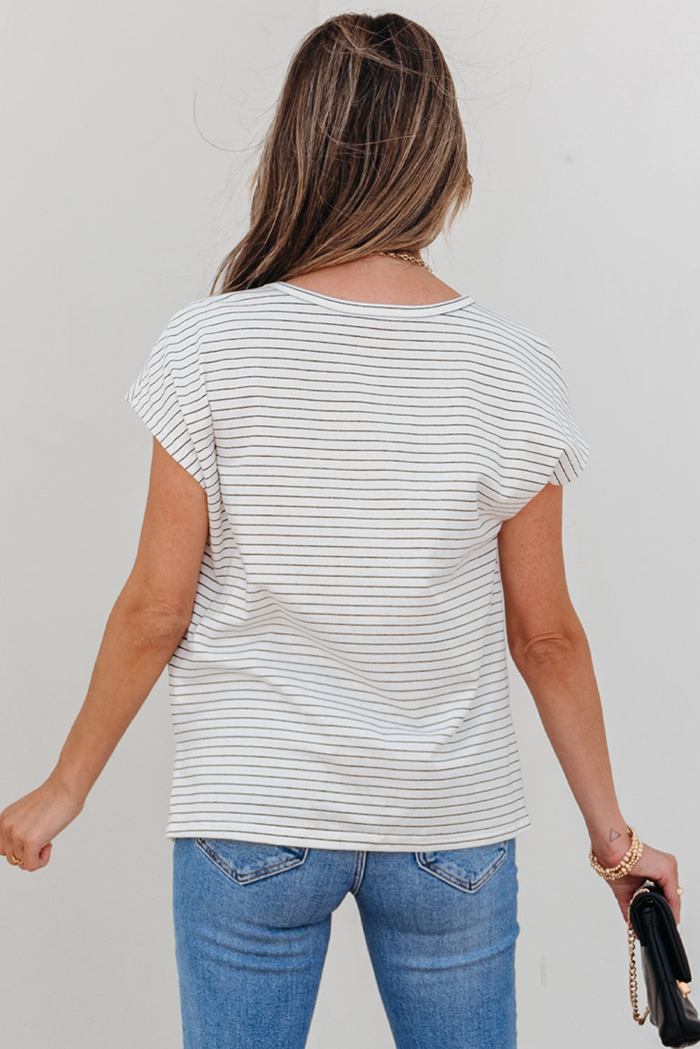 Stripe Cap Sleeve Crew Neck Casual Tee with Chest Pocket