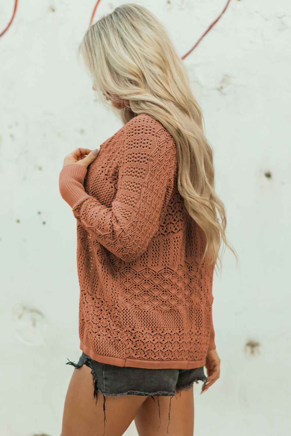 Mix Pattern Hollowed Knit Open Front Cardigan