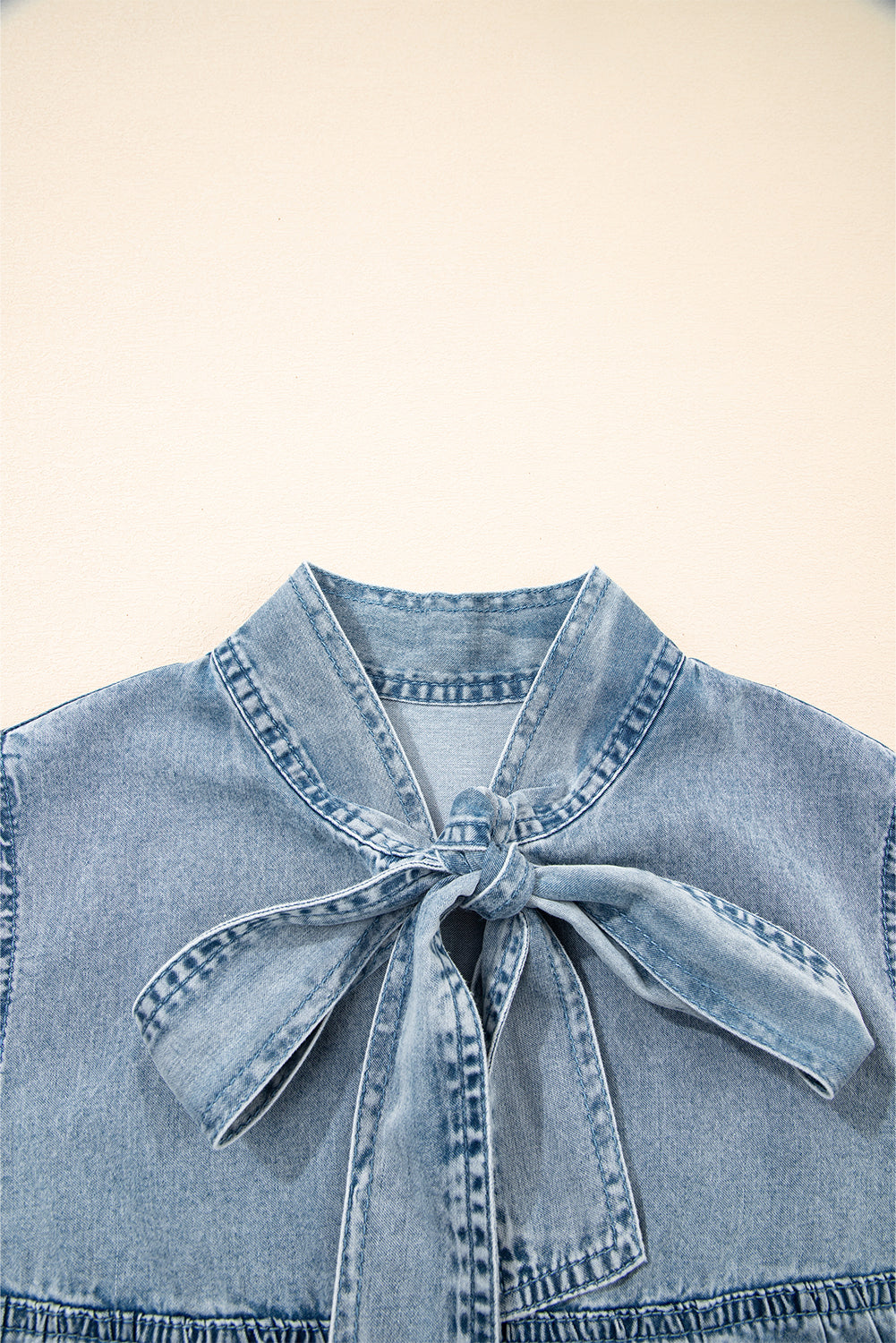 Bowknot Neck Sleeveless Ruffled Chambray Dress